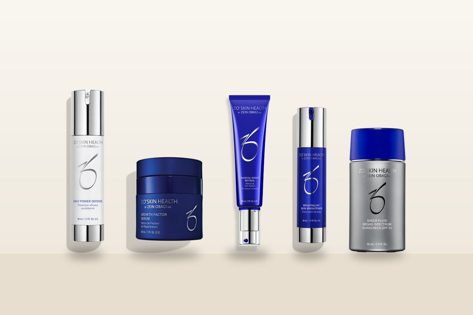 ZO Skin Health products: Daily Power Defense, Growth Factor Serum, Retinol Skin Brightener, Brightalive and a ZO sunscreen